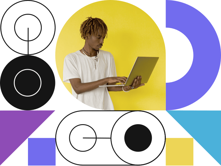 a man holding a laptop with some abstract vectors in the background